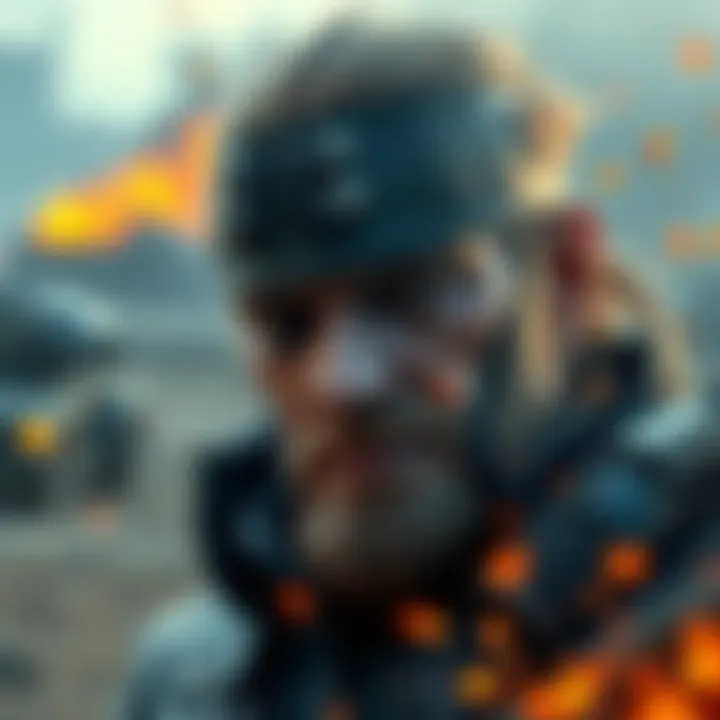Big Boss wearing military gear, showcasing a determined expression, with a backdrop of a battlefield.