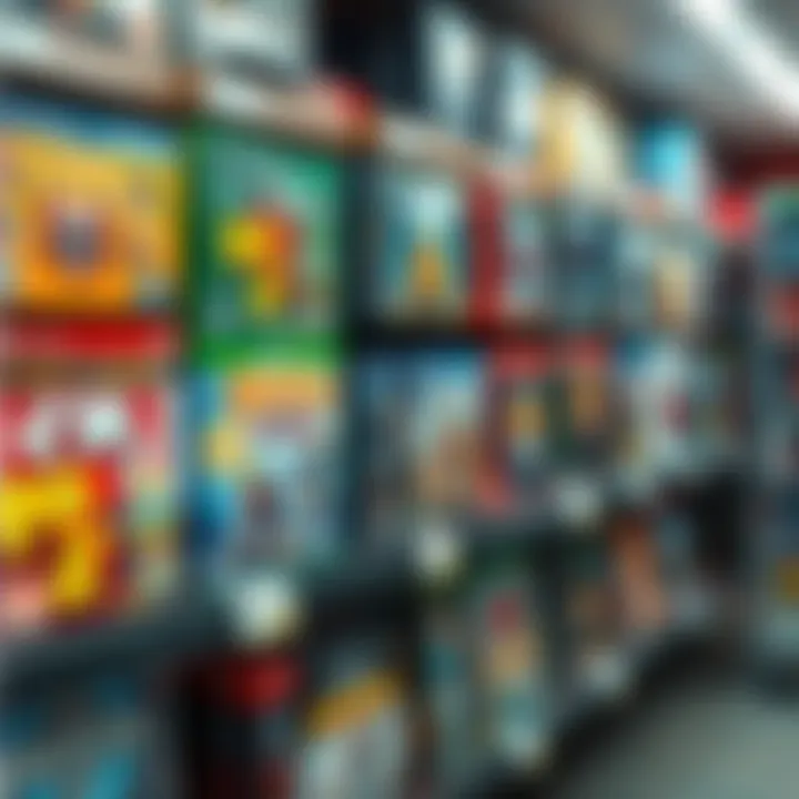 A display of colorful big box PC games in a local gaming store, showcasing nostalgic game covers and packaging.