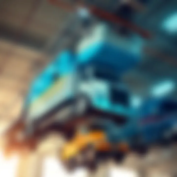 Big Rigs on Ceilings A ceiling displaying several large trucks positioned upside down, sparking curiosity about their presence and purpose.