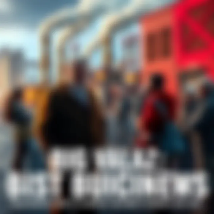 Big Vlad Discussing Business Big Vlad standing in front of a local factory, talking to a group of community members about job opportunities and economic growth.