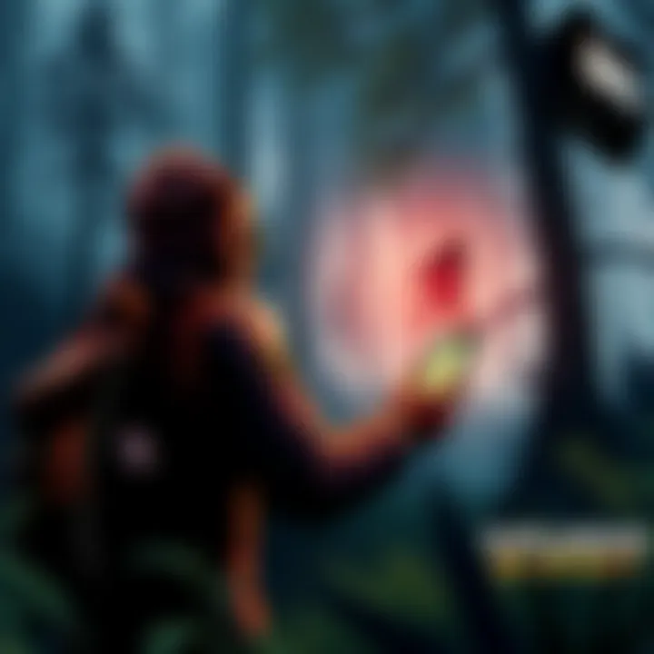 A player in a forest setting searching for Bigfoot evidence with a map and camera