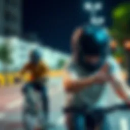 A biker and skateboarder wearing helmets while riding, showcasing safety gear in action