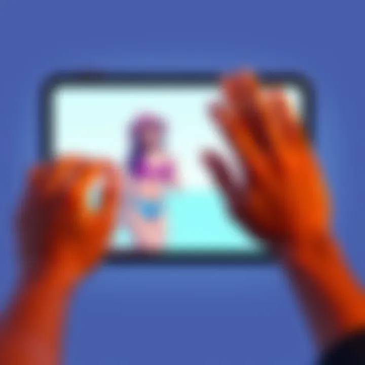 Bikini girl loading screen A loading screen featuring a bikini girl on a digital device, with a concerned person trying to hide the screen from view