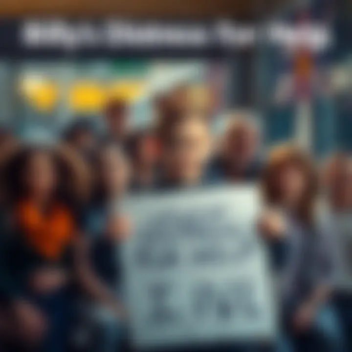 Billy's Distress Call for Help Billy holding a sign asking for help, surrounded by supportive community members