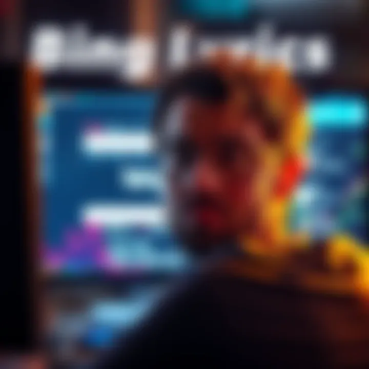 A frustrated person looking at a computer screen showing Bing's search page with missing song lyrics