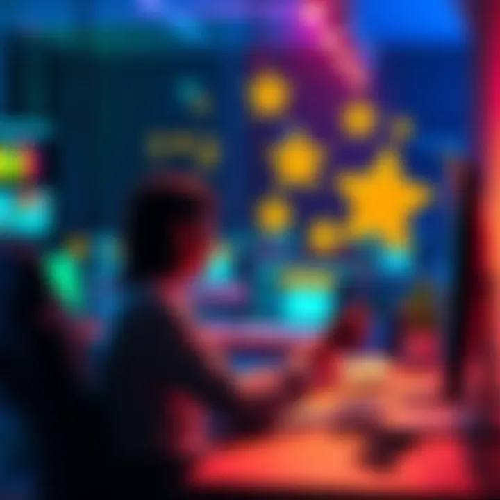 Person sitting at a computer researching Bing Star Bonus strategies with rewards visuals around them