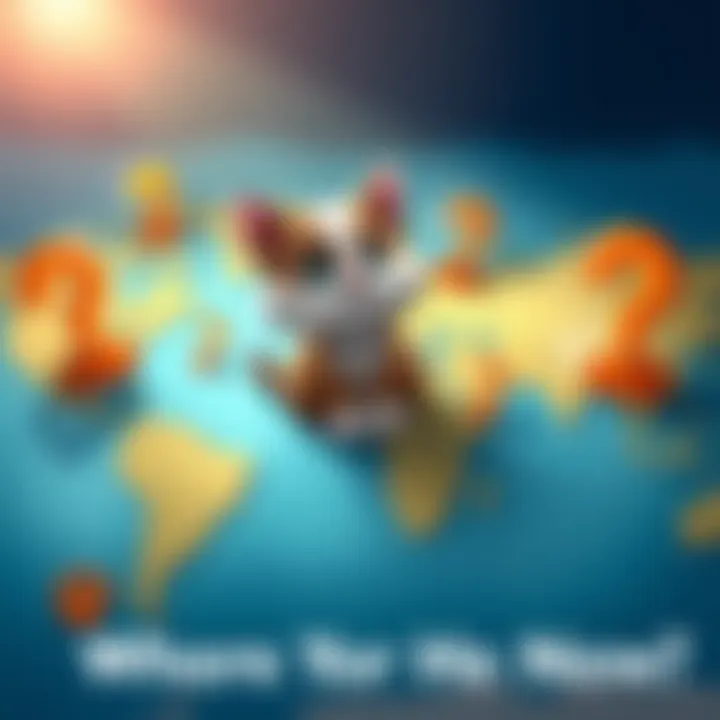 A playful depiction of Bingus, a cute cat character, shown sitting on a world map surrounded by question marks and paw prints, hinting at his possible locations.