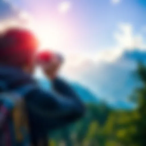 A person wearing a backpack looks through binoculars at a scenic view of mountains and trees, enjoying the outdoors.