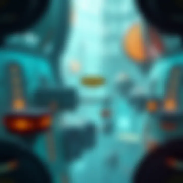 Illustration showing a futuristic underwater city with unique architecture and glowing elements, inspired by BioShock's style