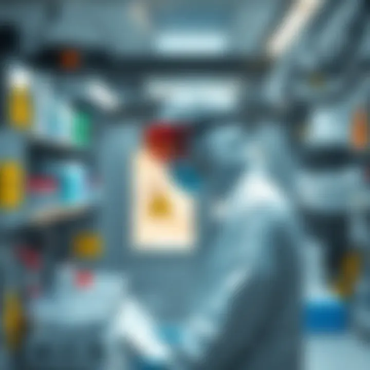 A laboratory technician wearing protective gear works inside a high containment lab, surrounded by safety equipment and biohazard symbols, ensuring safe handling of viruses.