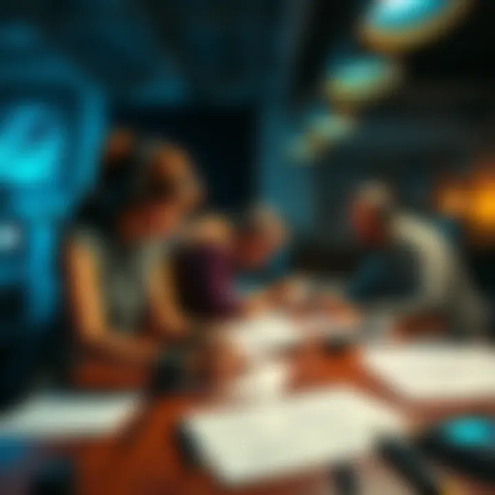 A team of developers working on BioShock 4 with sketches and game designs on a table, showing focus and collaboration in a studio setting.