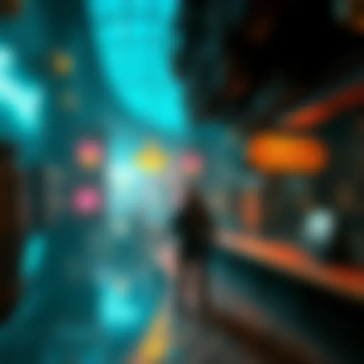A character exploring the underwater city in Bioshock, with neon lights and vintage decor in the background.