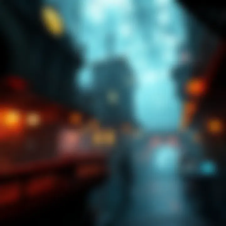 Concept art featuring a mysterious underwater city environment with a vintage feel, showcasing elements reminiscent of the Bioshock series.