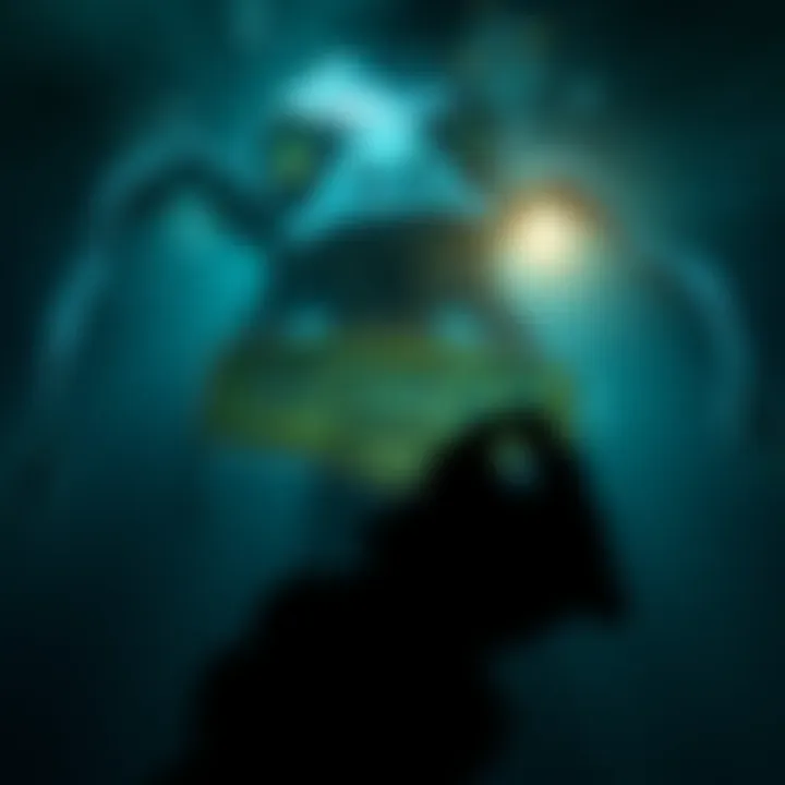 A dark underwater scene from Bioshock with eerie lighting, showing a looming creature in the background and a character holding a weapon, hinting at a tense atmosphere.