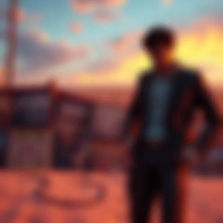 A scene showing a video game character reflecting on music, with a backdrop of vintage album covers including The Beach Boys' Pet Sounds