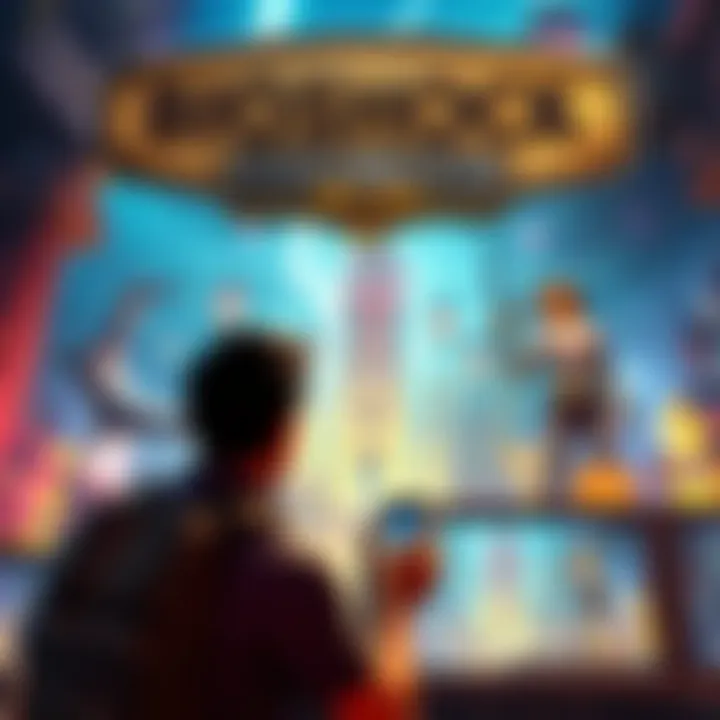 A gamer looking at a vibrant and detailed scene from Bioshock Infinite, with iconic characters and settings, focused on enjoying the gameplay