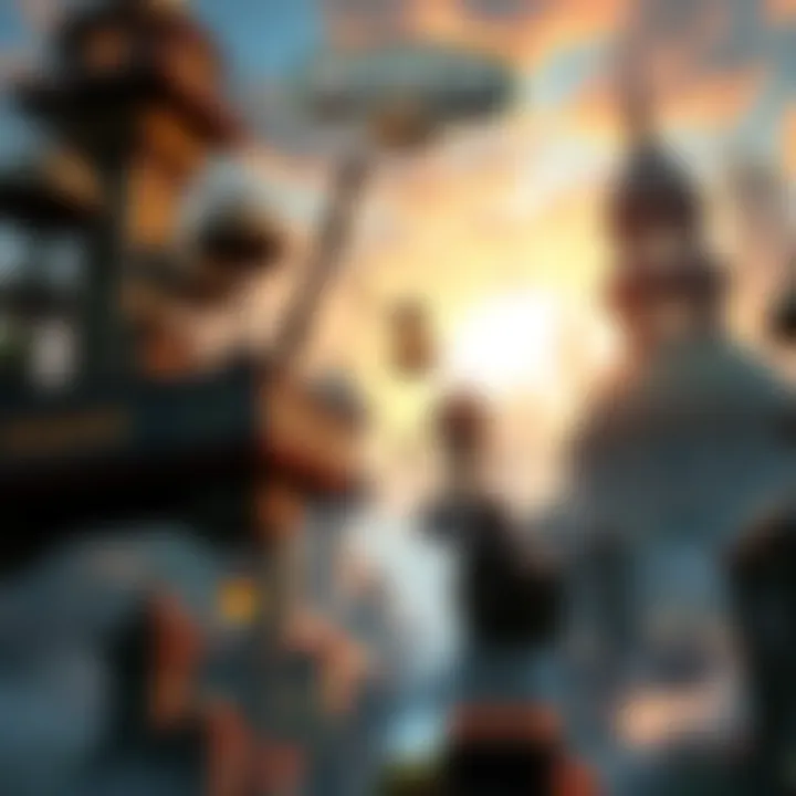 A scene from Bioshock Infinite showing a character in a vibrant floating city with a dramatic sky.