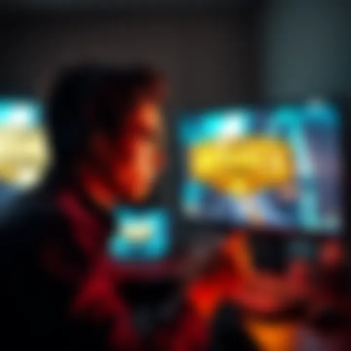 A gamer focused on playing the original Bioshock on a lower-end PC setup, with game graphics displayed on the screen and a controller in hand.