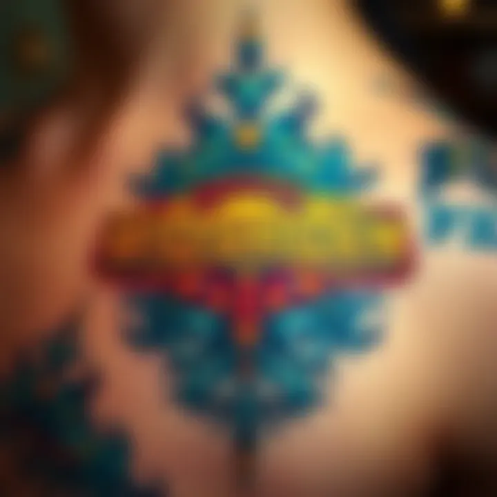 A detailed tattoo featuring an iconic Bioshock symbol with vibrant colors and intricate details on skin