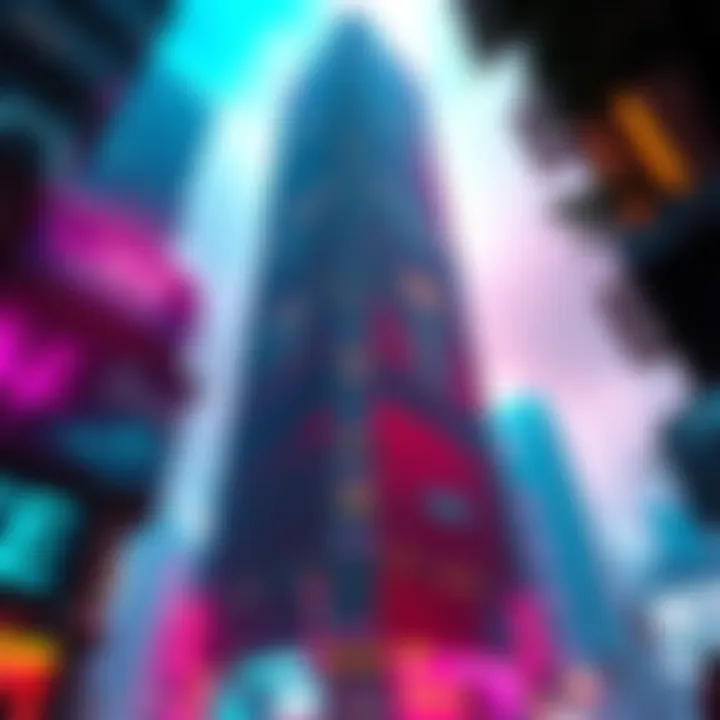 A futuristic skyscraper representing Biotechnica, surrounded by neon lights and tech elements.