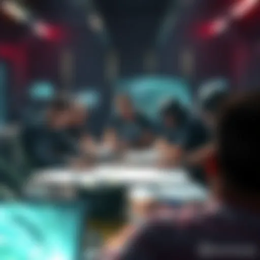 A group of BioWare developers gathered around a table, discussing game design for Exodus, with computers and sketches visible.