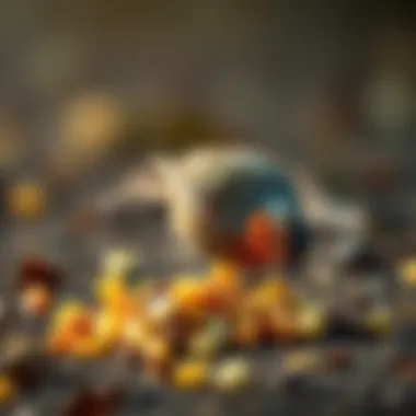A small bird happily pecking at an unexpected pile of food on the ground