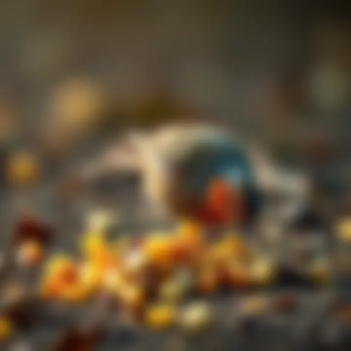 A small bird happily pecking at an unexpected pile of food on the ground