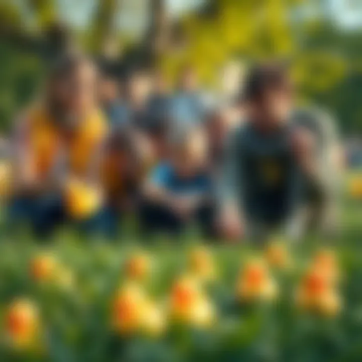 A group of adults enthusiastically searching for rubber duckies during a Bird City event, with various brightly colored ducks visible in the grass.