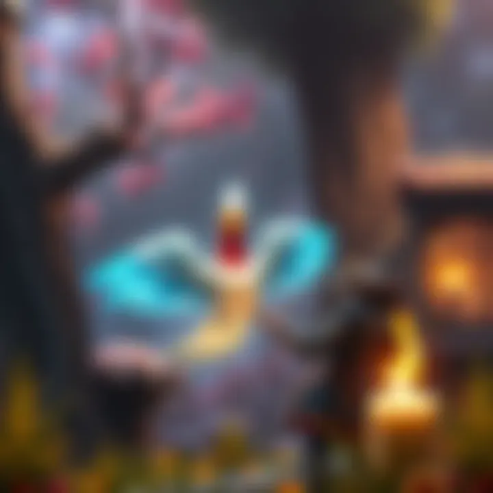 A vibrant fantasy game scene showing a player character interacting with a glowing bird, symbolizing character buffs and weapon leveling.