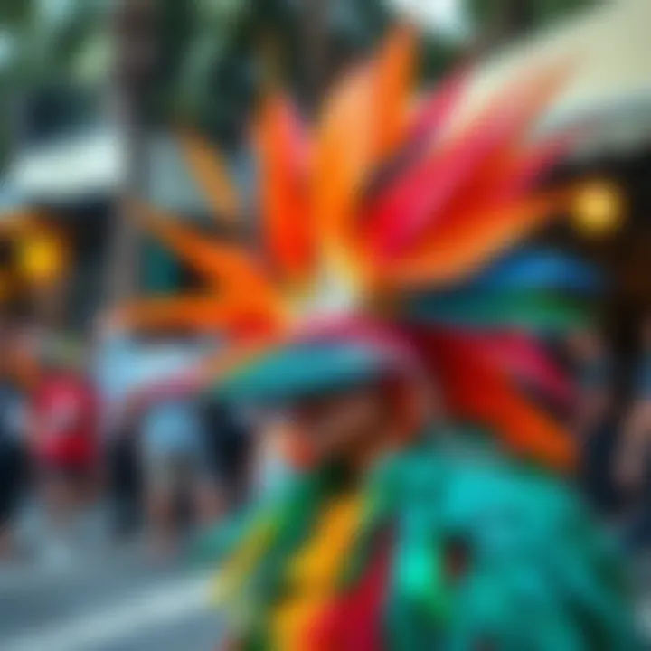 A person wearing a vibrant Bird of Paradise costume with bright feathers and tropical colors, showcasing creativity at a summer event.