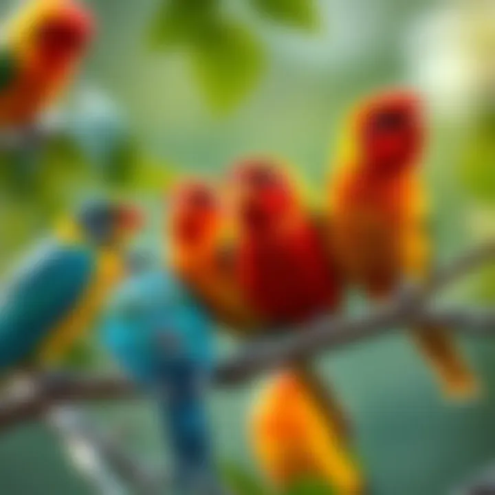A group of colorful birds perched on branches, displaying odd behaviors like fluttering and chirping erratically.