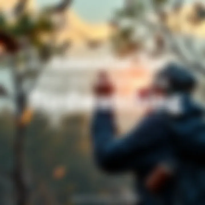 A person with binoculars watching birds in a natural setting, surrounded by trees and wildlife