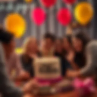 A group of friends joyfully celebrating a birthday with cake and balloons.