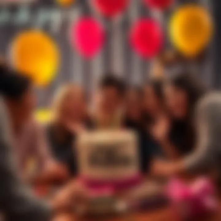 A group of friends joyfully celebrating a birthday with cake and balloons.