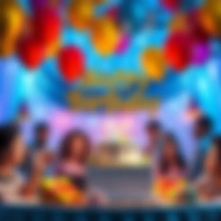 A festive scene with balloons and birthday decorations to celebrate Leo Kasper's birthday, featuring a colorful cake and people sharing wishes.