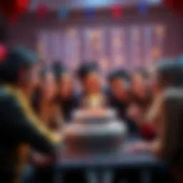 A group of friends and family gathered around a birthday cake, smiling and celebrating Lewis' birthday with joy and laughter.