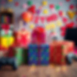 A variety of video game gifts wrapped in colorful paper, showcasing excitement and curiosity, with a festive birthday setting in the background.