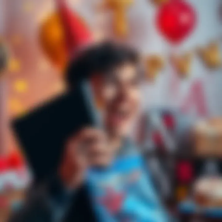 A person excitedly holding a second-hand PS4 with a Spiderman game beside them, surrounded by birthday decorations