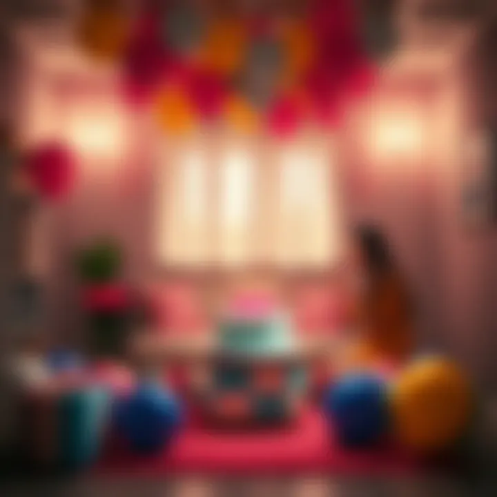 A beautifully decorated room with balloons and a cake for a birthday celebration