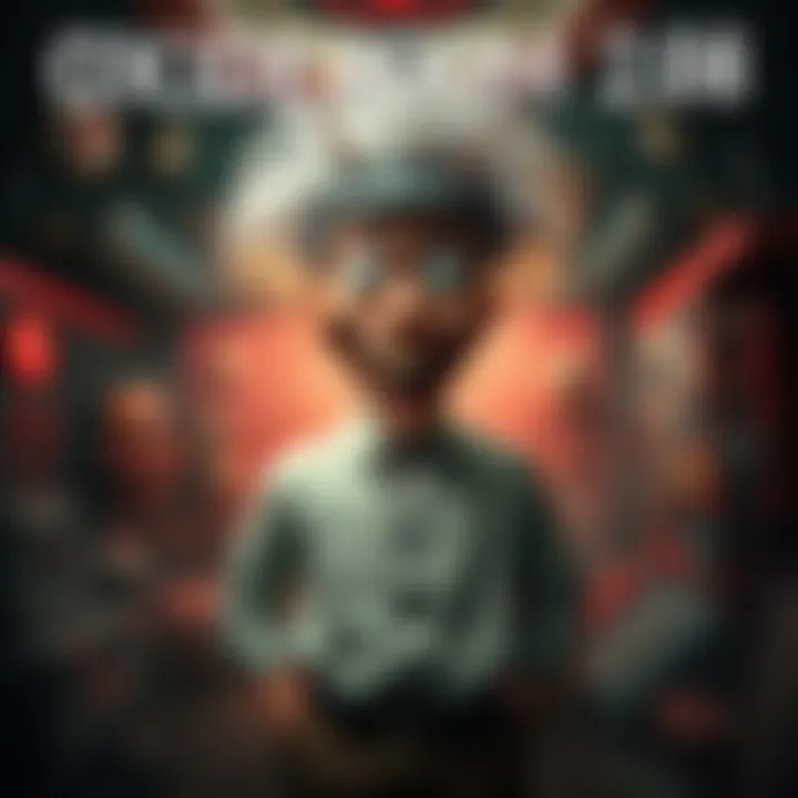 A humorous character with exaggerated features and an odd outfit from Oxide Room 208, set in a chaotic horror-themed background.