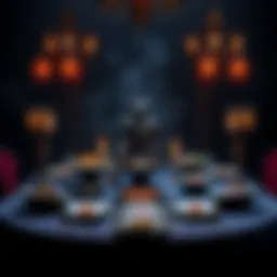A table set for The Black Banquet event with two-course meal arrangements featuring various dishes and effects.