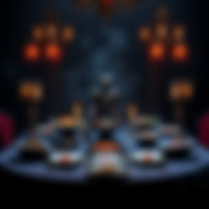 A table set for The Black Banquet event with two-course meal arrangements featuring various dishes and effects.