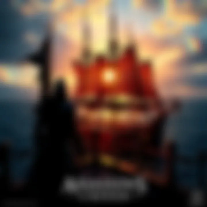 Assassin's Creed Black Flag Resynced Cover Artwork featuring a pirate ship with a character in a hooded cloak standing on the deck, set against a vibrant sunset ocean backdrop, representing the theme of adventure and intrigue in Black Flag Res...