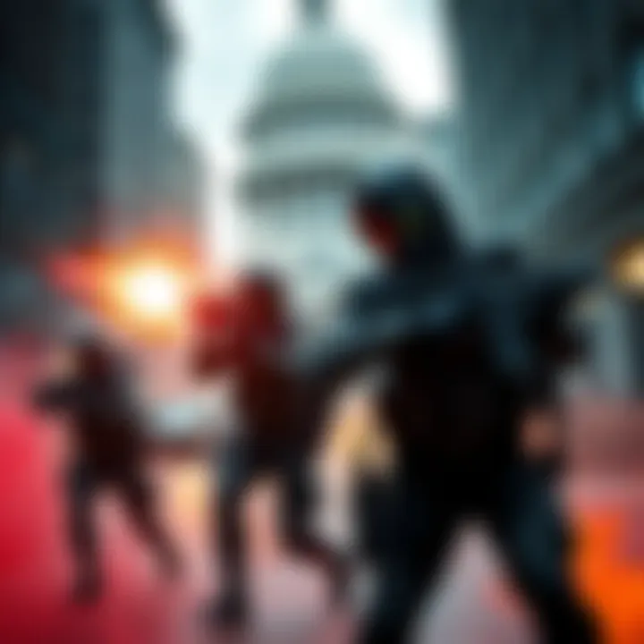 Black Tusk operatives in tactical gear engage in a fierce battle against Division agents in a city environment