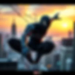 A character in a black webbed suit swinging through a cityscape, showcasing unique webbing