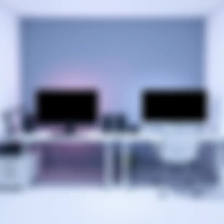 A black PC on a white desk alongside a white PC on another white desk, showcasing contrasting styles.