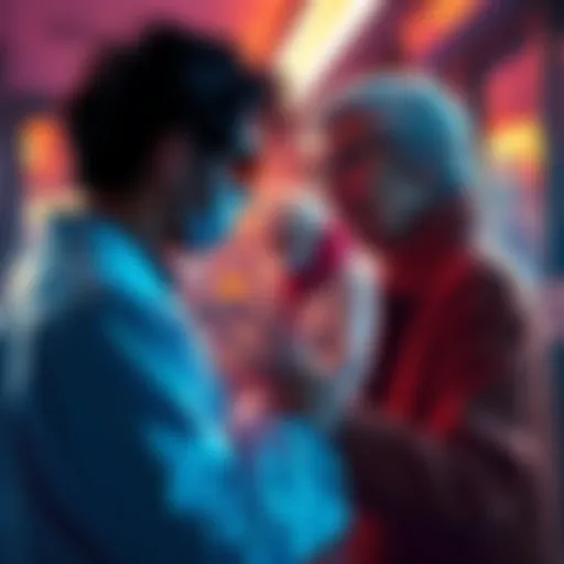 A scene showing two characters, Blacklight Virus Alex and Dr. Mercer, debating over helping an elderly woman, highlighting their moral choices.