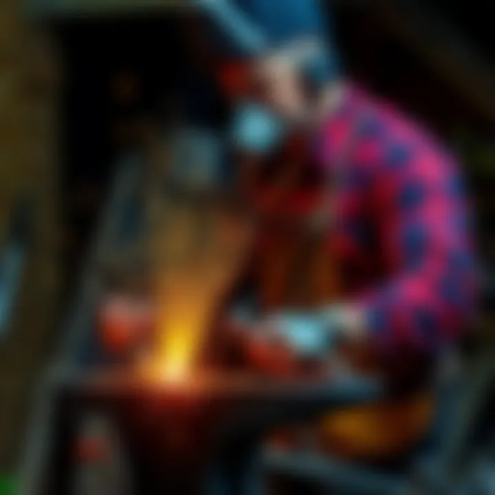 A blacksmith working on a glowing piece of metal, showing sparks flying as he hammers it on an anvil.