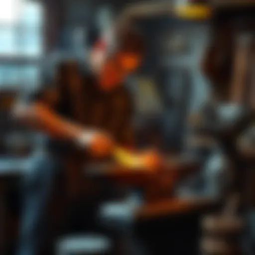 A blacksmith shaping hot metal on an anvil, showcasing realistic physics in a workshop, with tools around.