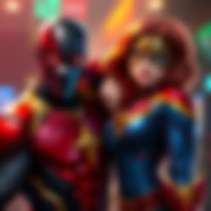 Blade and Captain Marvel in a dynamic pose, showcasing their strong connection and teamwork in a colorful game setting.